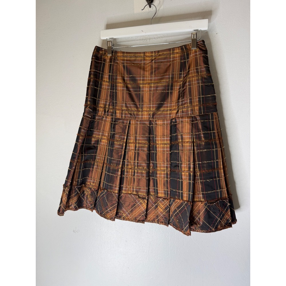 Worth Brown Plaid Pleated Mini Skirt Textured Frayed Grid Academic Aesthetic 6